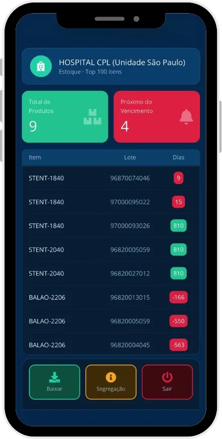 Tela do app com a lista de itens bipados e os dias para vencer de cada lote