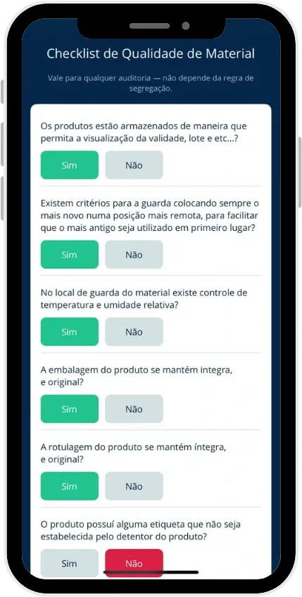 Tela do app da CPL com o checklist de qualidade: armazenagem, temperatura, embalagem e rotulagem
