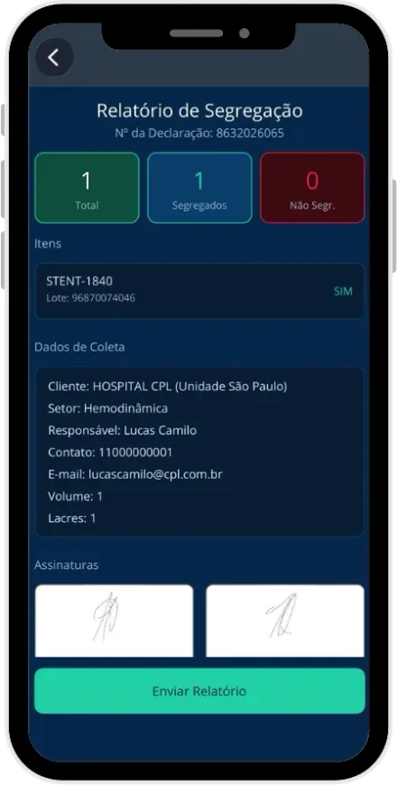 Tela do app da CPL com o relatório de segregação e as assinaturas do representante e do auditor