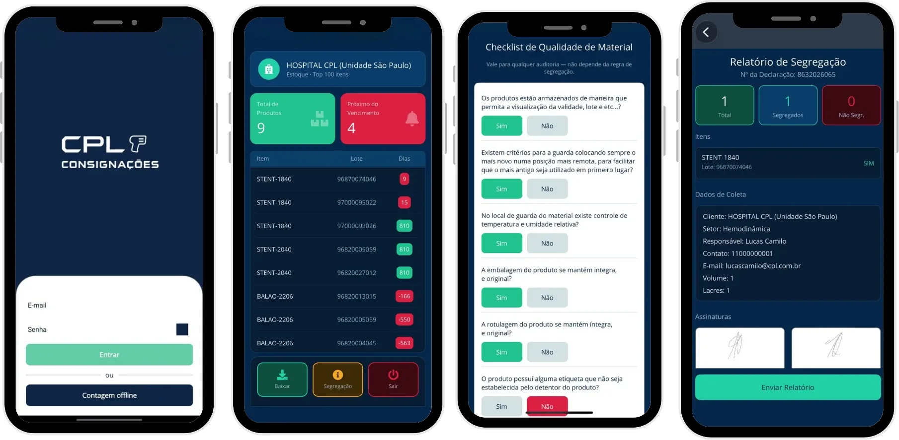 Quatro telas do app da CPL: login offline, estoque com vencimentos, checklist de qualidade e relatório de segregação