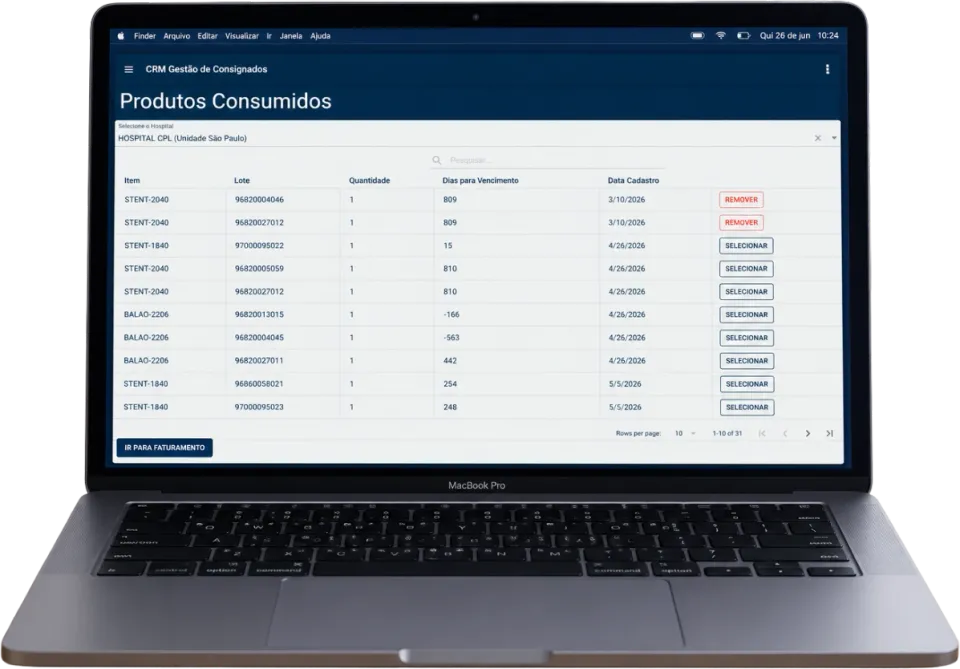 CRM da CPL na tela de produtos consumidos, com os itens pendentes de faturamento