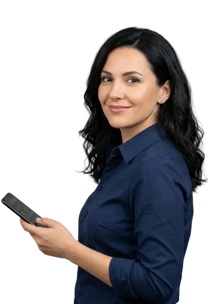 Gestora de um fornecedor de OPME sorrindo com o celular na mão