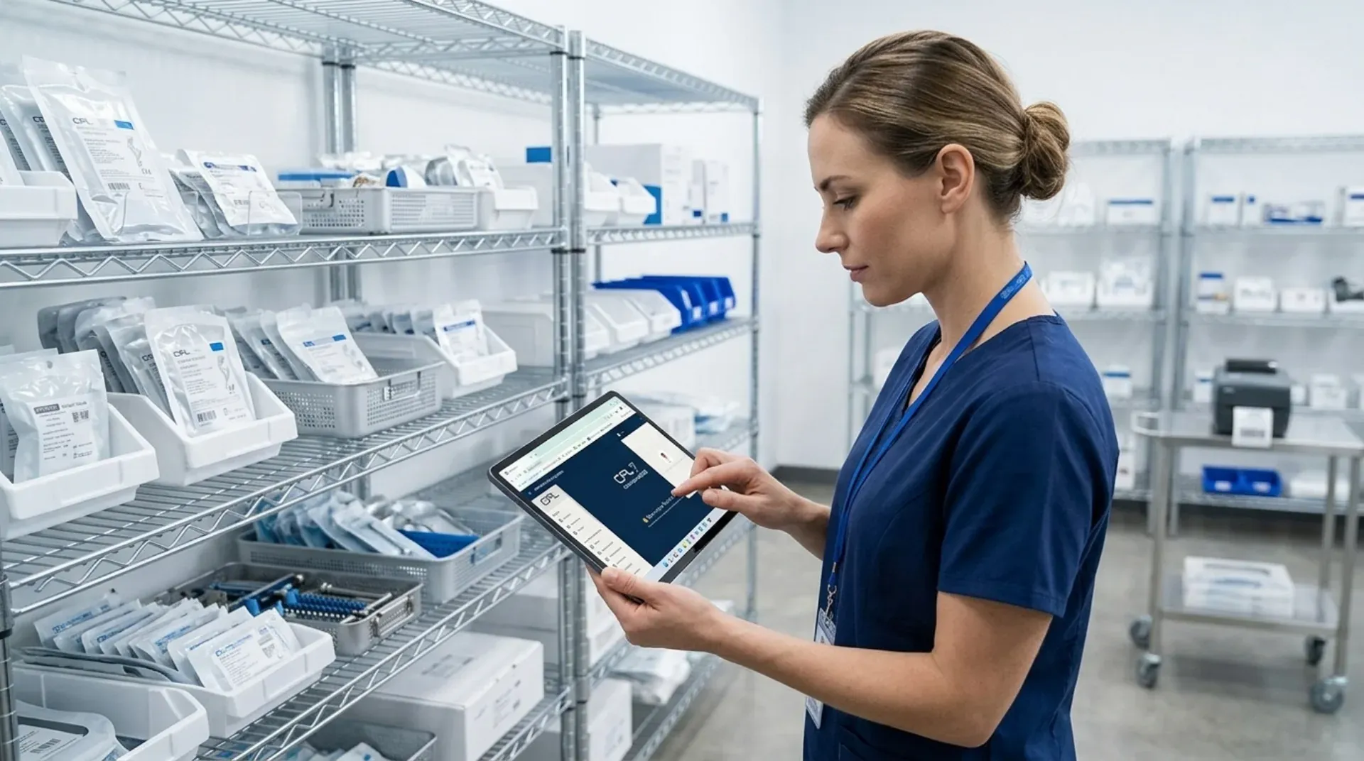 Enfermeira consultando o agendamento de contagem no CRM da CPL pelo tablet